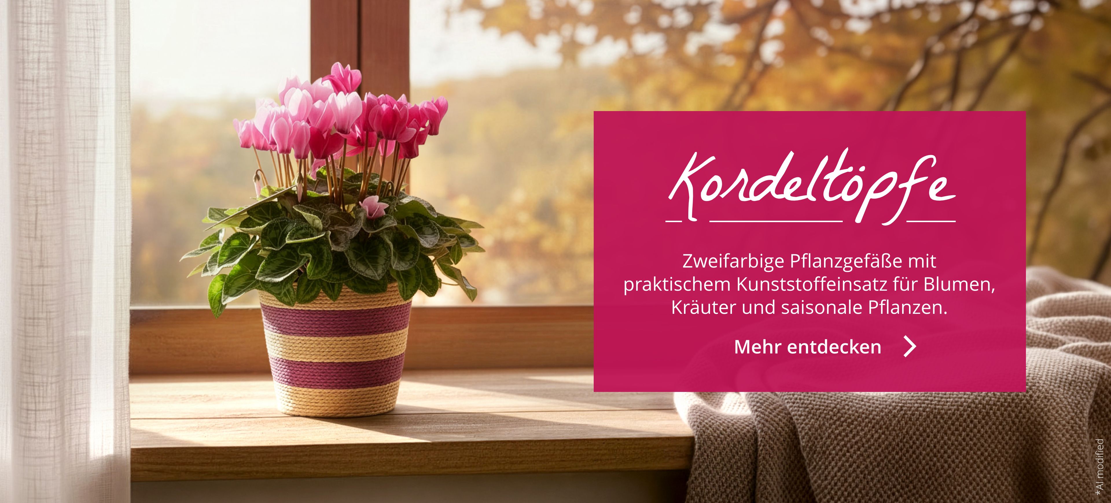 Kordeltöpfe: Zweifarbige Pflanzgefäße mit  praktischem Kunststoffeinsatz für Blumen, Kräuter und saisonale Pflanzen.