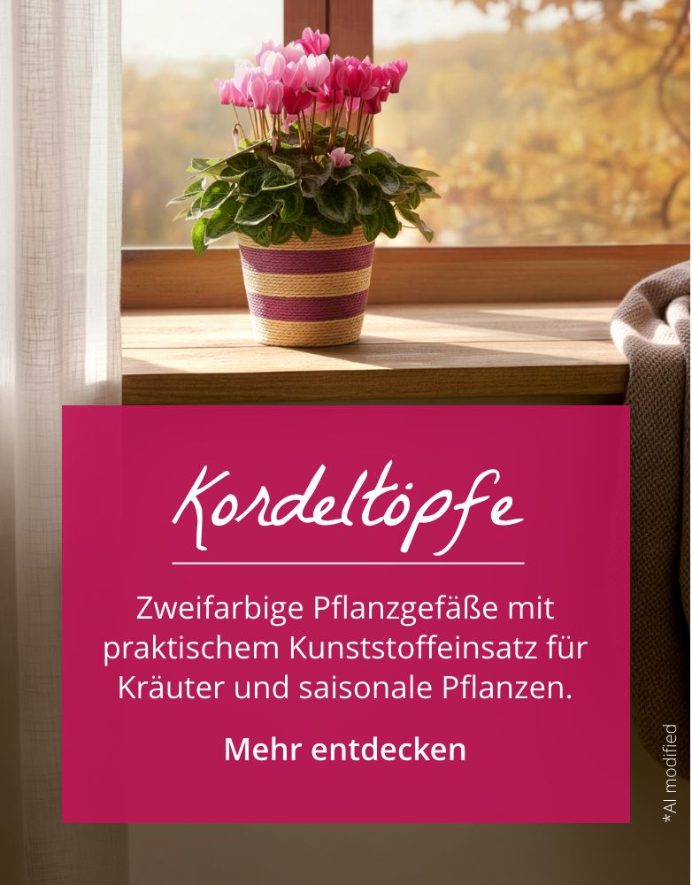 Kordeltöpfe: Zweifarbige Pflanzgefäße mit  praktischem Kunststoffeinsatz für Blumen, Kräuter und saisonale Pflanzen.