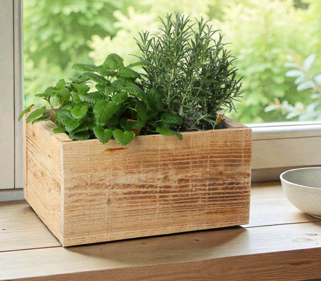 Bepflanzbare Holzkisten für frische Küchenkräuter direkt vom  Fensterbrett. 