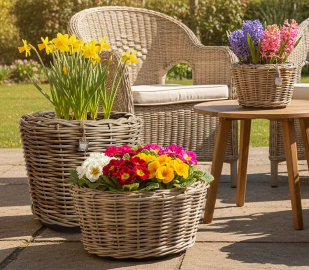 Rattan Pflanzkörbe: Der perfekte Rahmen für die ersten bunten Frühlingsblüher auf der Terrasse