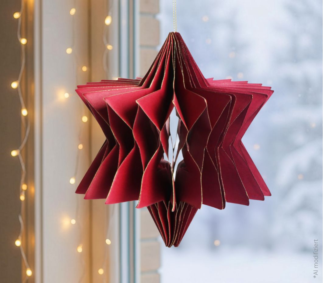 Faltbare 3D-Weihnachtsdeko mit edlen Goldkanten – ideal für die wirkungsvolle Schaufensterinszenierung.