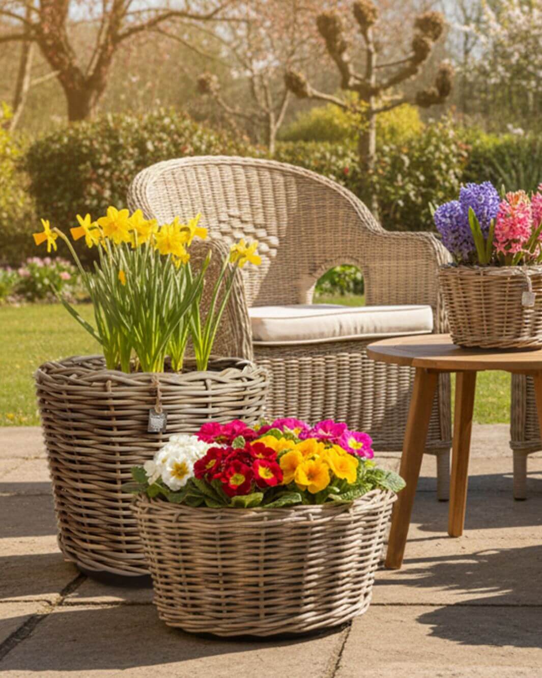 Rattan Pflanzkörbe: Der perfekte Rahmen für die ersten bunten Frühlingsblüher auf der Terrasse.